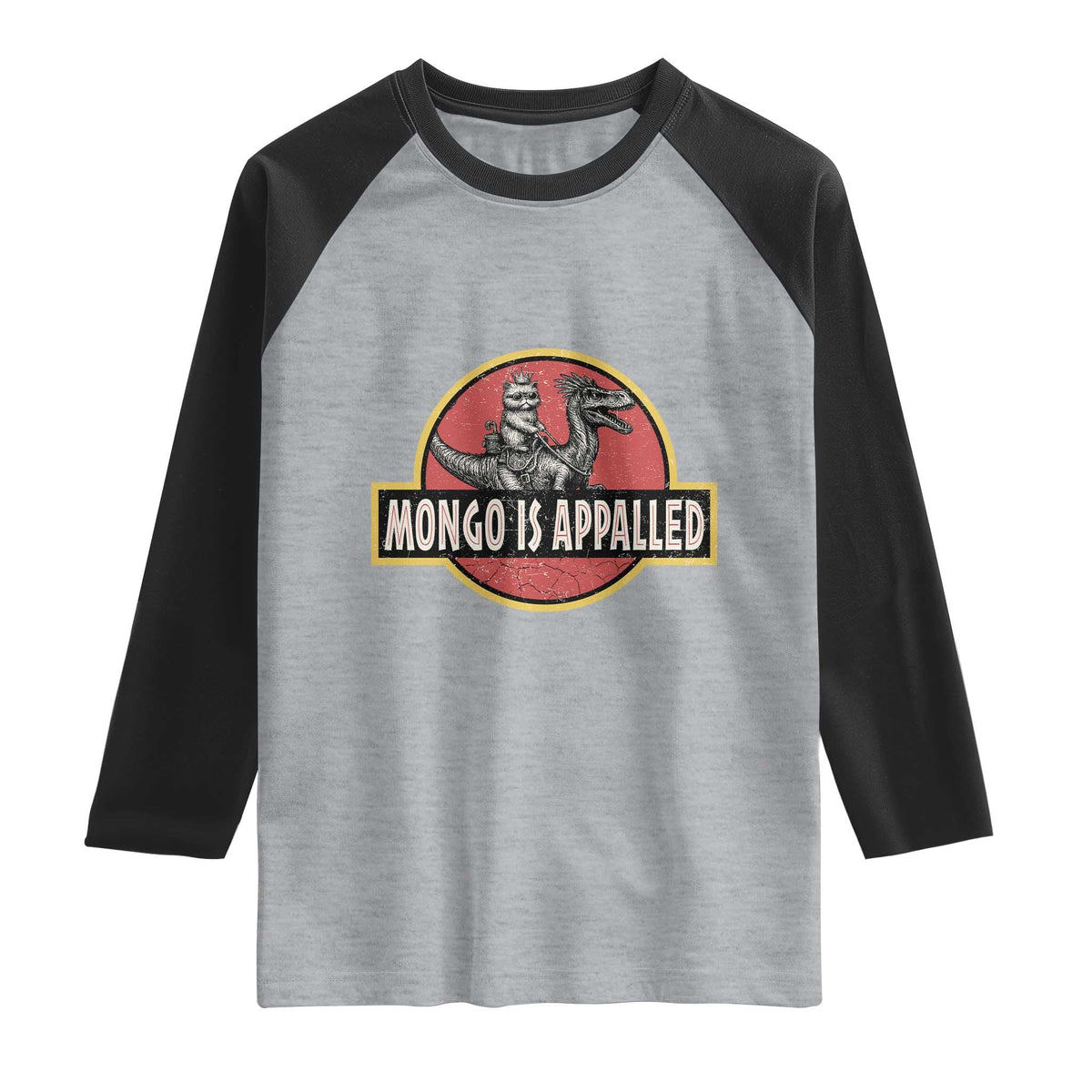 Retro Mongo is Appalled Raglan Shirt Princess Cat Riding Dinosaur Book Lover TS14 Heather Gray Black Print Your Wear