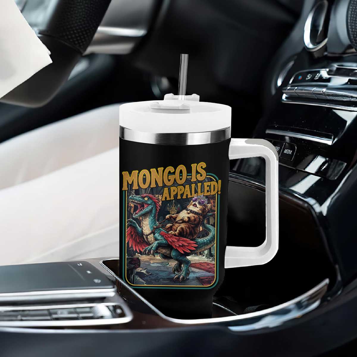 Mongo is Appalled Tumbler With Handle Vintage Princess Cat Riding Dinosaur Sci-Fi Book Lover TS14 Print Your Wear