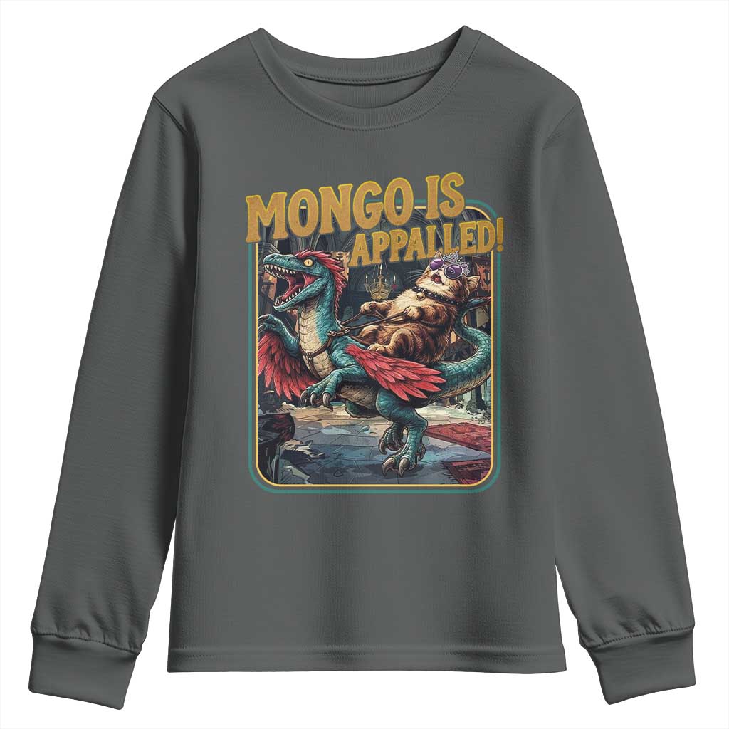 Mongo is Appalled Youth Sweatshirt Vintage Princess Cat Riding Dinosaur Sci-Fi Book Lover TS14 Dark Heather Print Your Wear