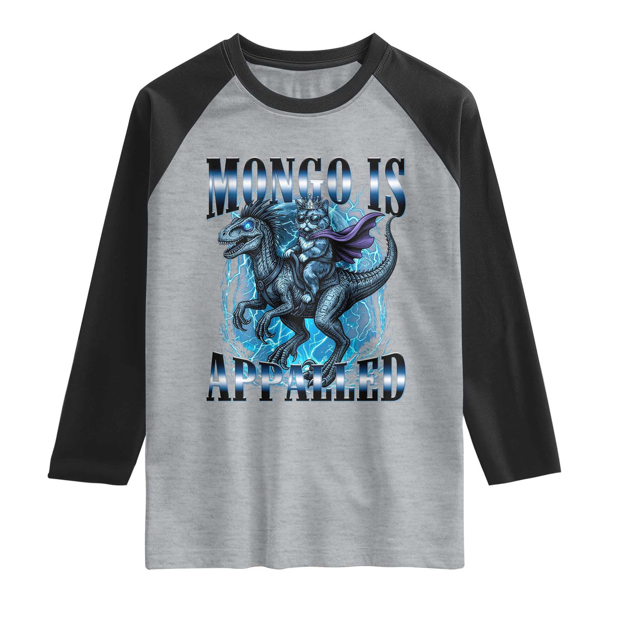 Mongo is Appalled Raglan Shirt Funny Princess Cat Riding Dinosaur TS14 Heather Gray Black Print Your Wear