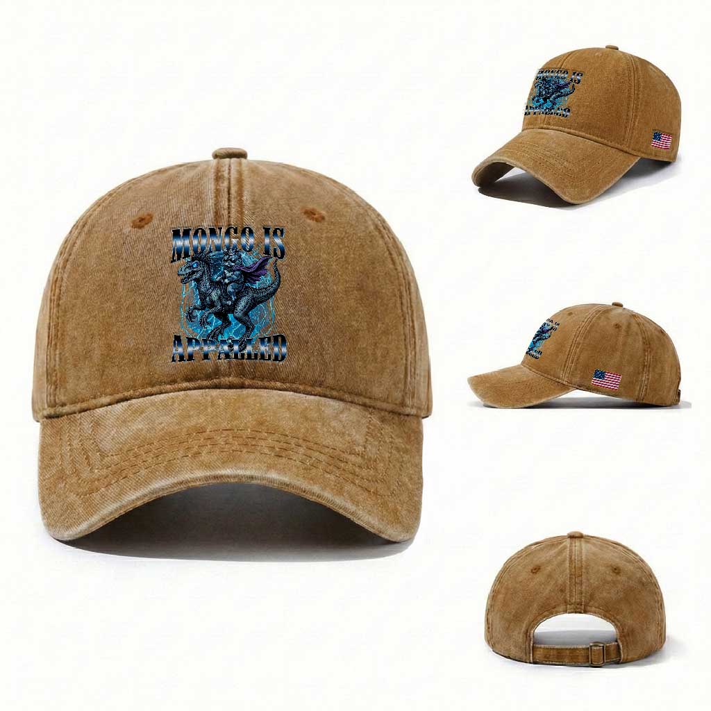 Mongo is Appalled Washed Cotton Baseball Cap Funny Princess Cat Riding Dinosaur TS14 Washed Cap Universal Fit Yellow Ochre Print Your Wear