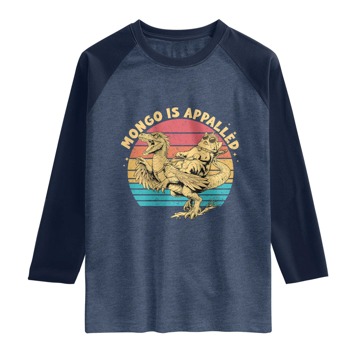 Mongo is Appalled Raglan Shirt Vintage Princess Cat Riding Dinosaur TS14 Heather Denim Navy Print Your Wear