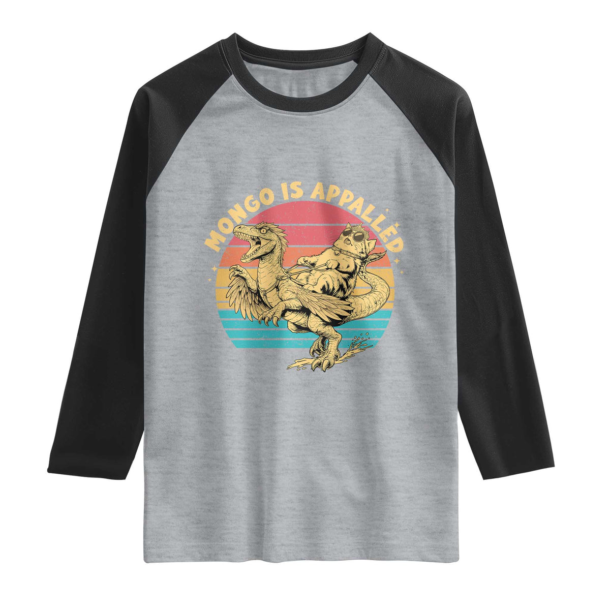 Mongo is Appalled Raglan Shirt Vintage Princess Cat Riding Dinosaur TS14 Heather Gray Black Print Your Wear