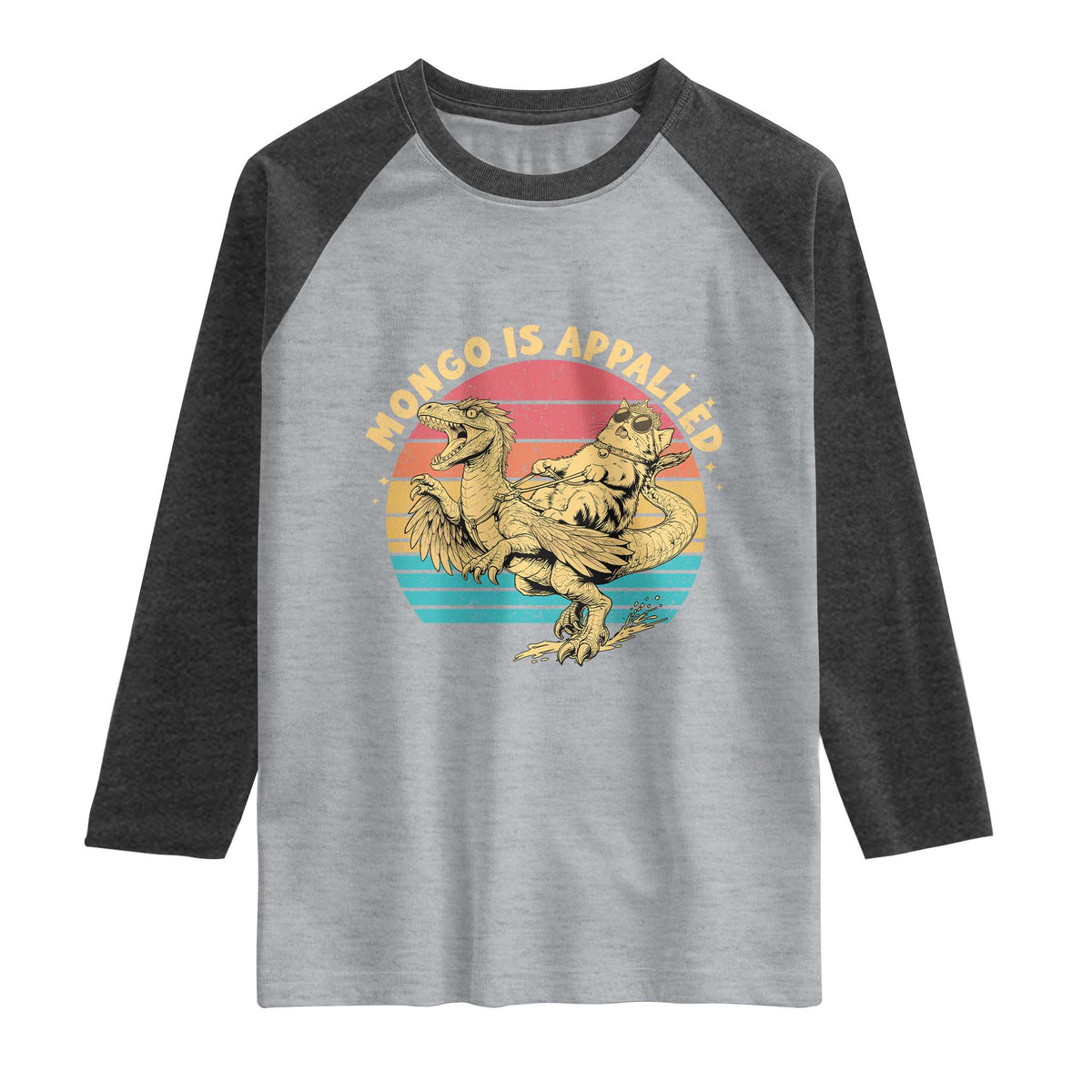 Mongo is Appalled Raglan Shirt Vintage Princess Cat Riding Dinosaur TS14 Heather Gray Heather Charcoal Print Your Wear