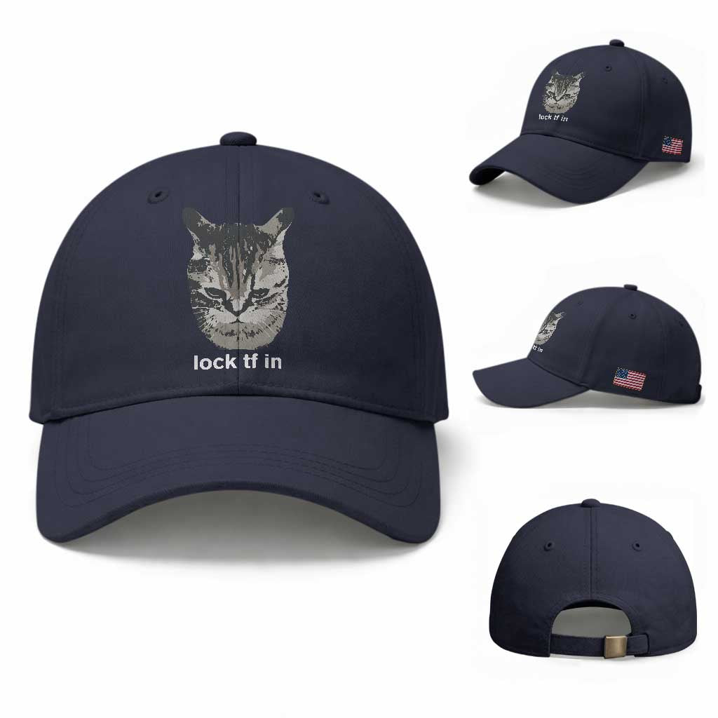 Lock TF In Cat Baseball Cap Funny Gen Z Meme TS14 Baseball Cap Universal Fit Navy Print Your Wear