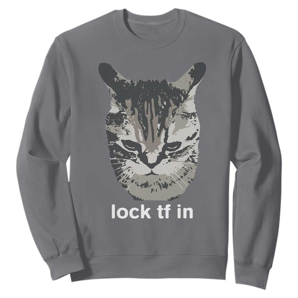 Lock TF In Cat Sweatshirt Funny Gen Z Meme TS14 Charcoal Print Your Wear
