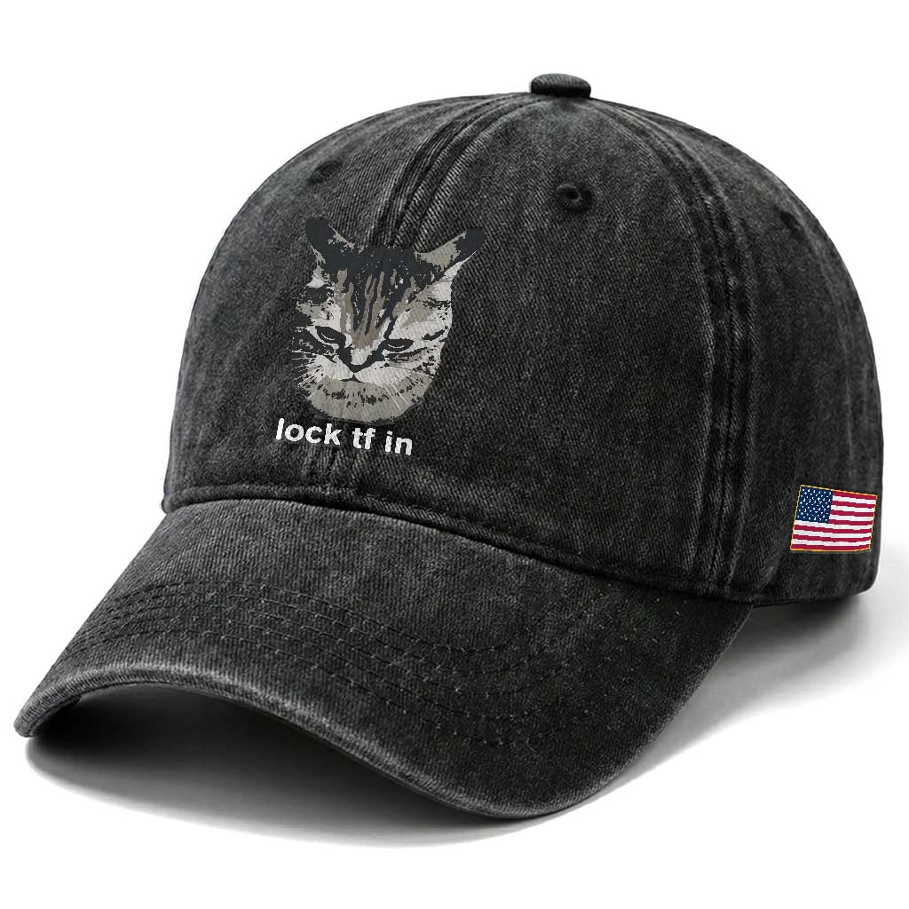 Lock TF In Cat Washed Cotton Baseball Cap - Funny Gen Z Meme TS14 Print Your Wear