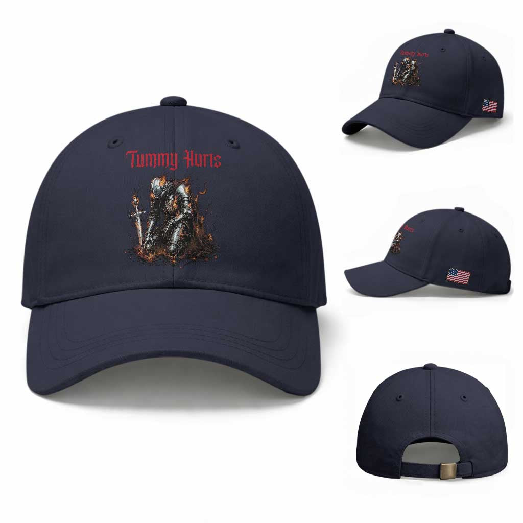 Tummy Hurts Baseball Cap Funny Medieval Knight Dark Humor TS14 Baseball Cap Universal Fit Navy Print Your Wear