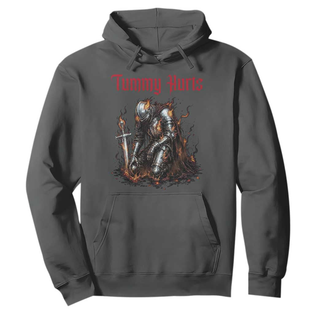 Tummy Hurts Hoodie Funny Medieval Knight Dark Humor TS14 Dark Heather Print Your Wear