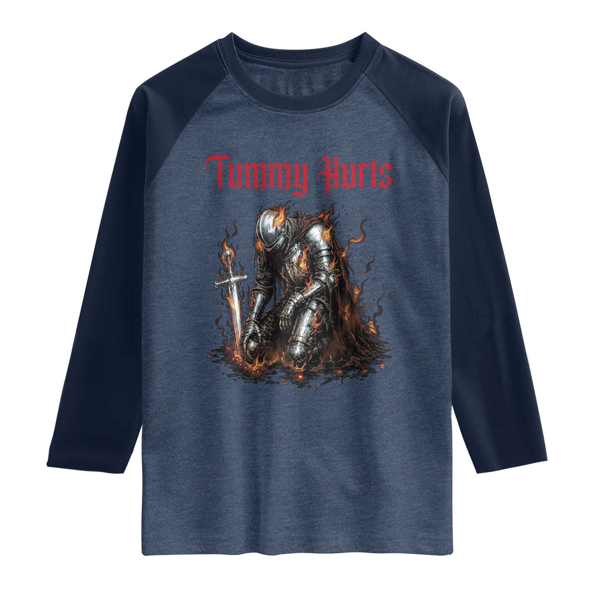 Tummy Hurts Raglan Shirt Funny Medieval Knight Dark Humor TS14 Heather Denim Navy Print Your Wear