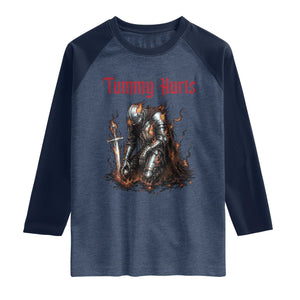 Tummy Hurts Raglan Shirt Funny Medieval Knight Dark Humor TS14 Heather Denim Navy Print Your Wear