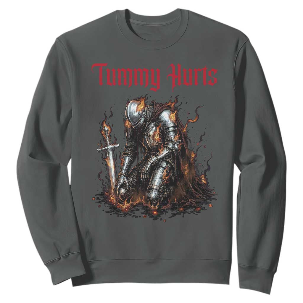 Tummy Hurts Sweatshirt Funny Medieval Knight Dark Humor TS14 Dark Heather Print Your Wear
