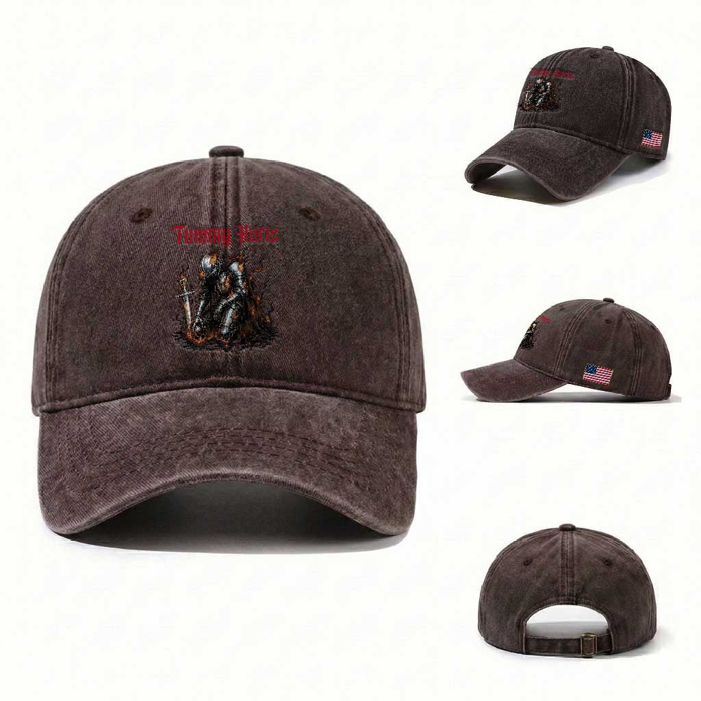 Tummy Hurts Washed Cotton Baseball Cap Funny Medieval Knight Dark Humor TS14 Washed Cap Universal Fit Dark Brown Print Your Wear