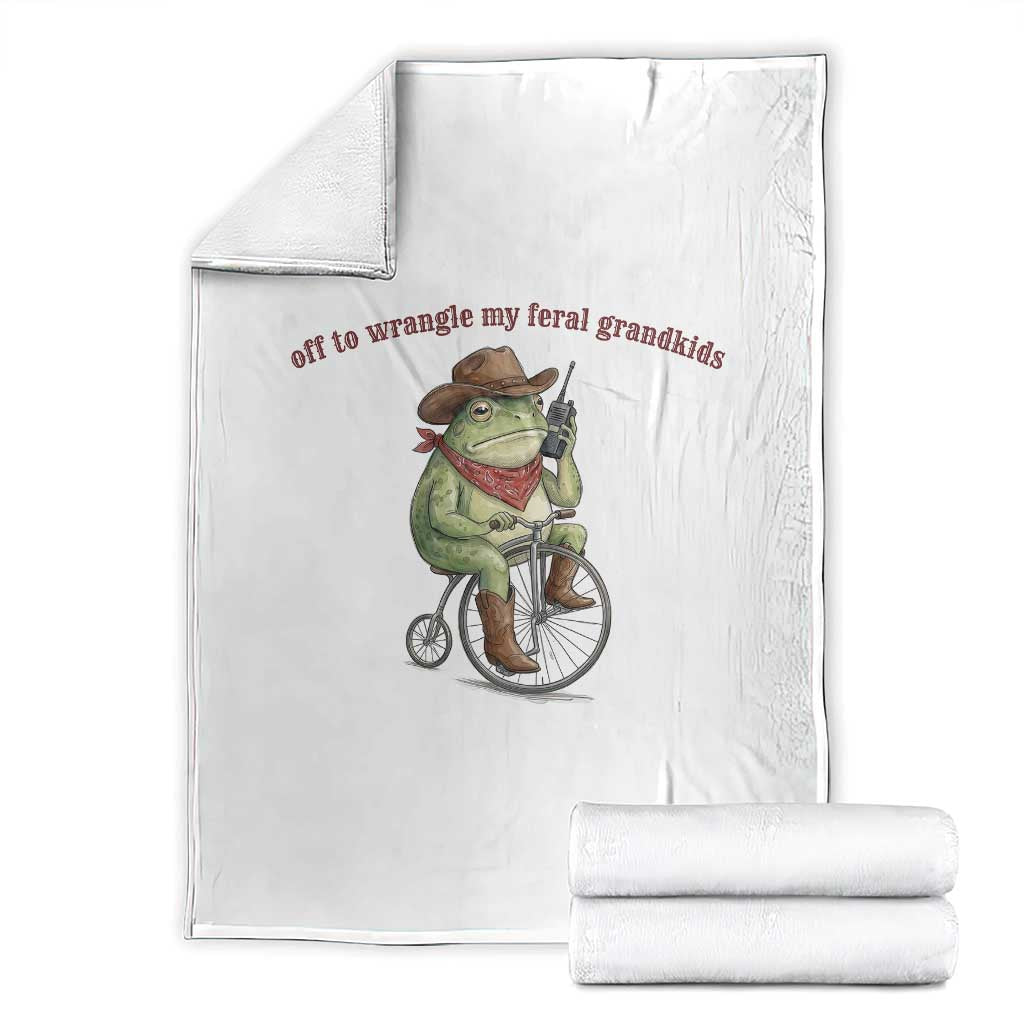 Off to Wrangle My Feral Grandkids Throw Blanket Funny Cowboy Frog Grandpa Western Meme TS14 White Print Your Wear