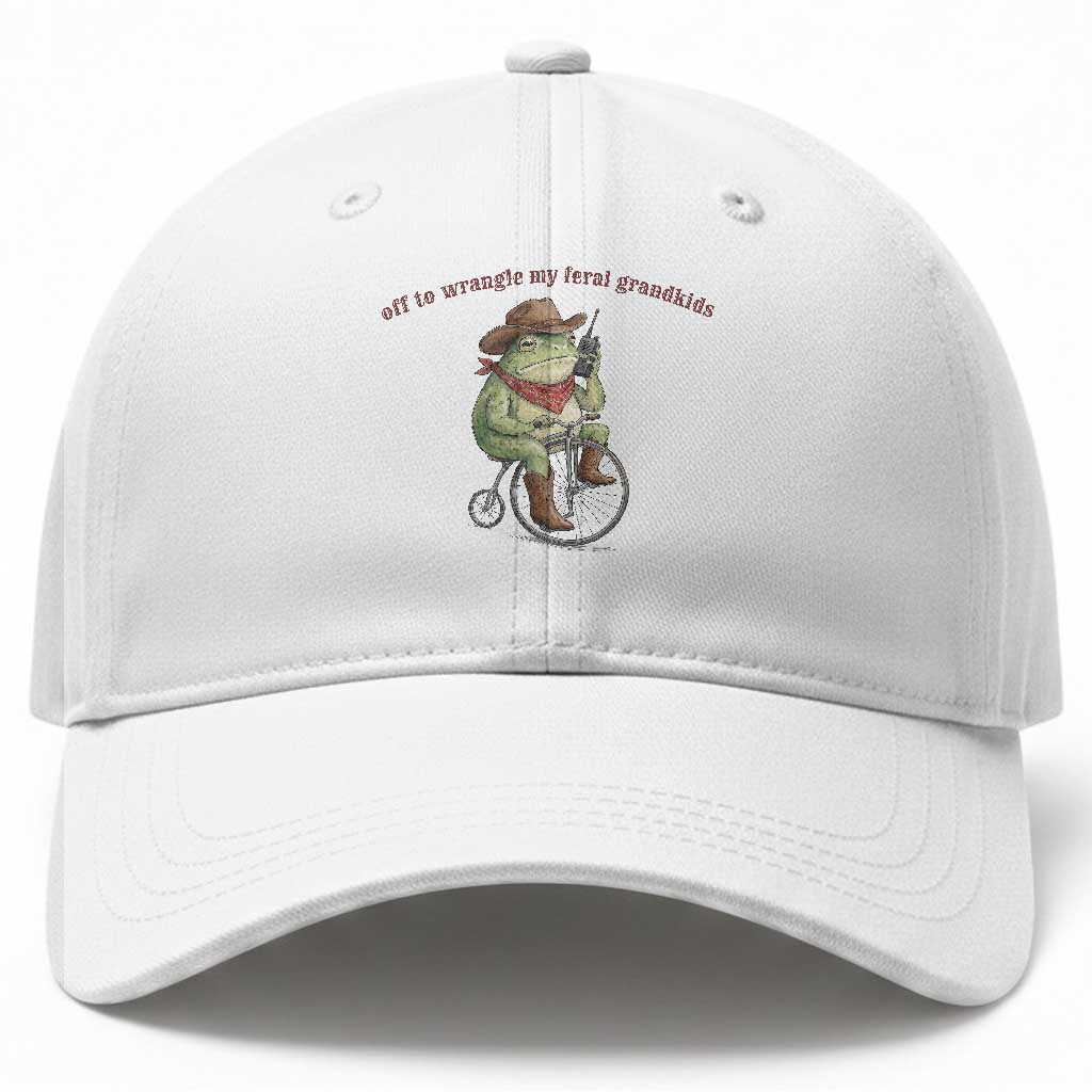 Off to Wrangle My Feral Grandkids Baseball Cap Funny Cowboy Frog Grandpa Western Meme TS14 Print Your Wear