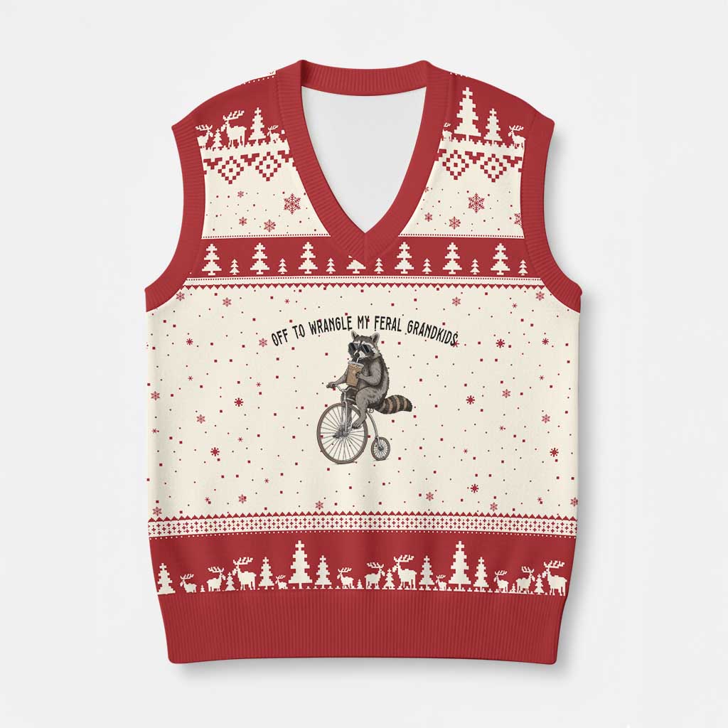 Off To Wranglin My Feral Grandkids V-Neck Knit Sweater Vest Funny Raccoon Grandpa Father's Day Gift TS14 Beige Red Print Your Wear