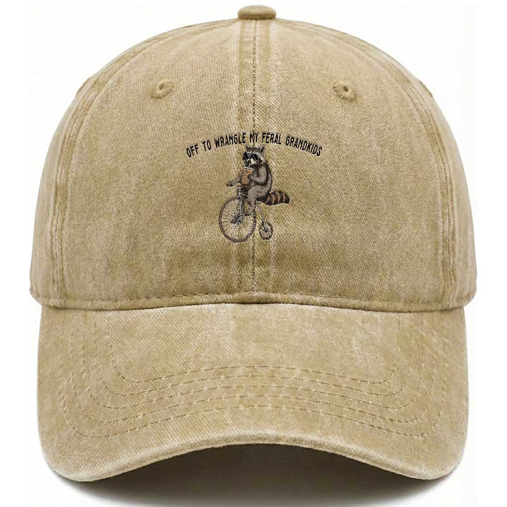 Off To Wranglin My Feral Grandkids Washed Cotton Baseball Cap Funny Raccoon Grandpa Father's Day Gift TS14 Print Your Wear
