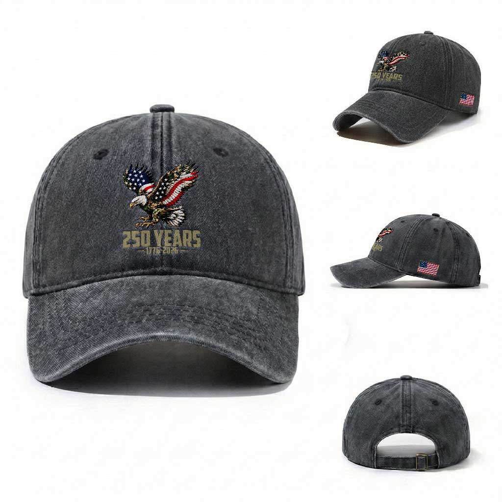 250 Years America Anniversary Washed Cotton Baseball Cap Military Eagle American Flag Camo TS14 Washed Cap Universal Fit Dark Gray Print Your Wear