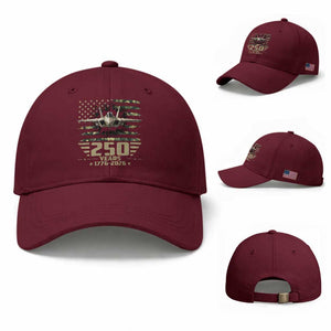 250 Years Anniversary Baseball Cap Patriotic Jet Fighter US Flag Camo TS14 Baseball Cap Universal Fit Maroon Print Your Wear