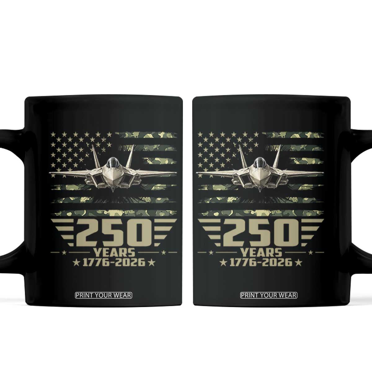 250 Years Anniversary Coffee Mug Patriotic Jet Fighter US Flag Camo TS14 Black Print Your Wear