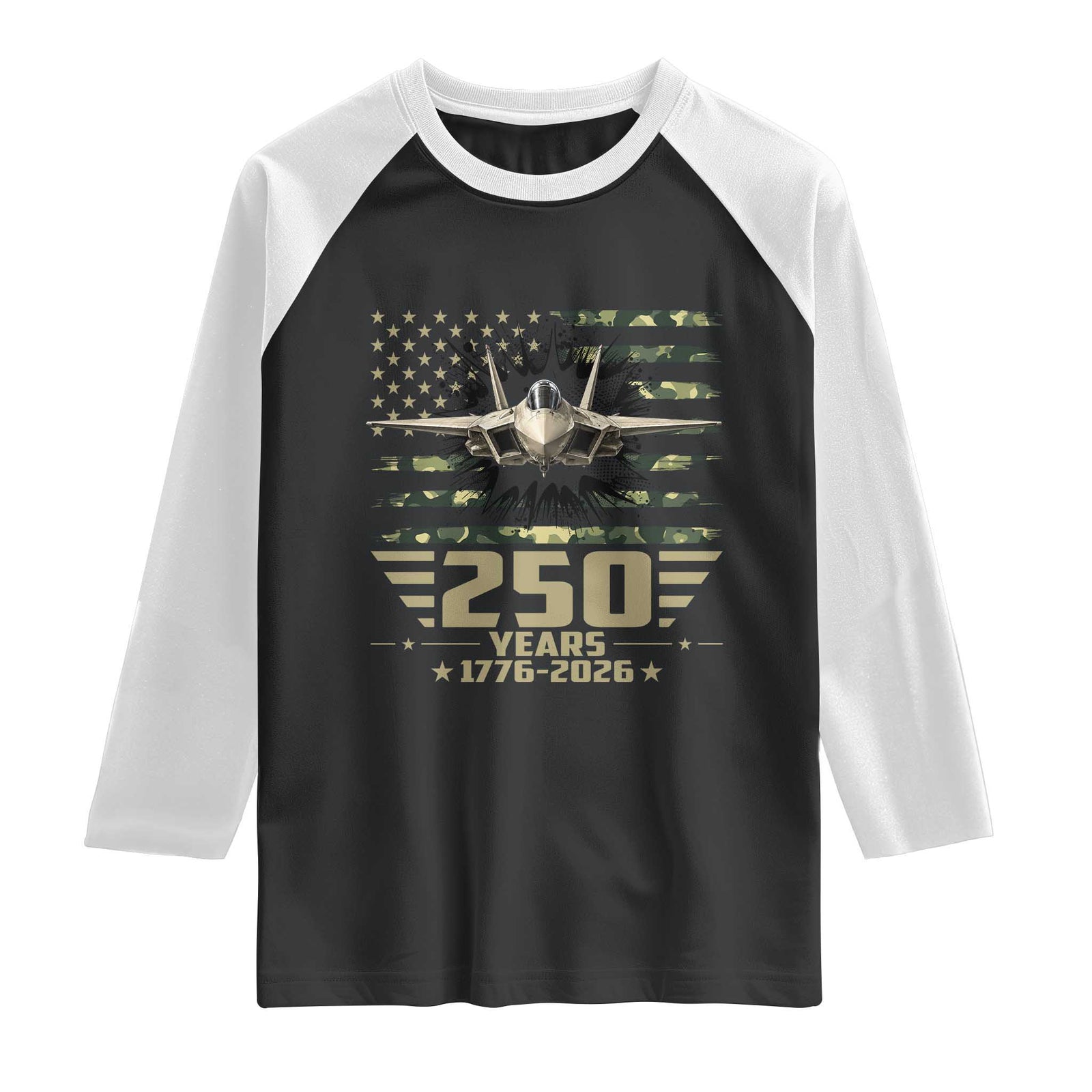250 Years Anniversary Raglan Shirt Patriotic Jet Fighter US Flag Camo TS14 Black White Print Your Wear
