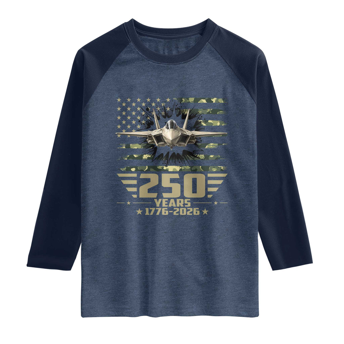 250 Years Anniversary Raglan Shirt Patriotic Jet Fighter US Flag Camo TS14 Heather Denim Navy Print Your Wear