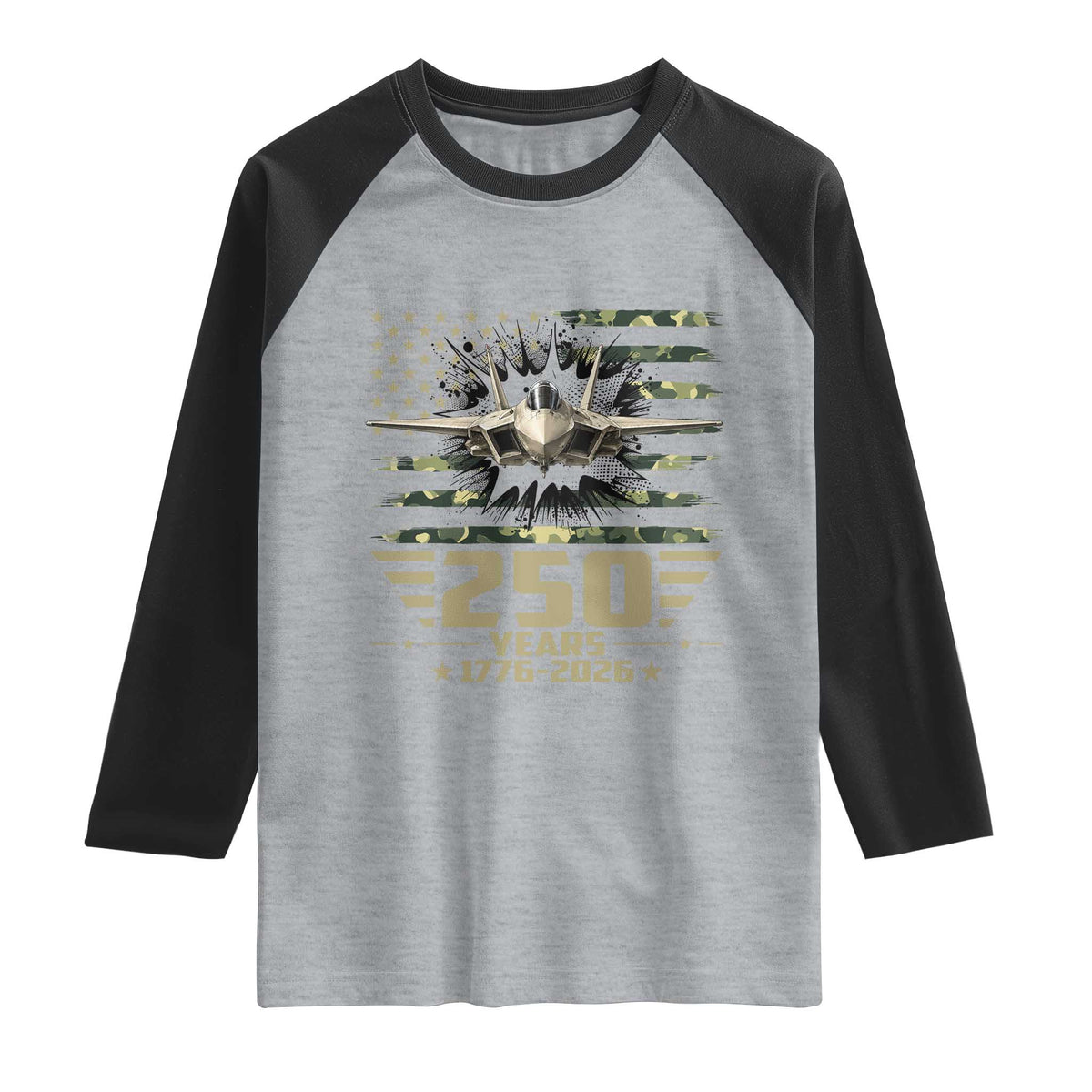 250 Years Anniversary Raglan Shirt Patriotic Jet Fighter US Flag Camo TS14 Heather Gray Black Print Your Wear