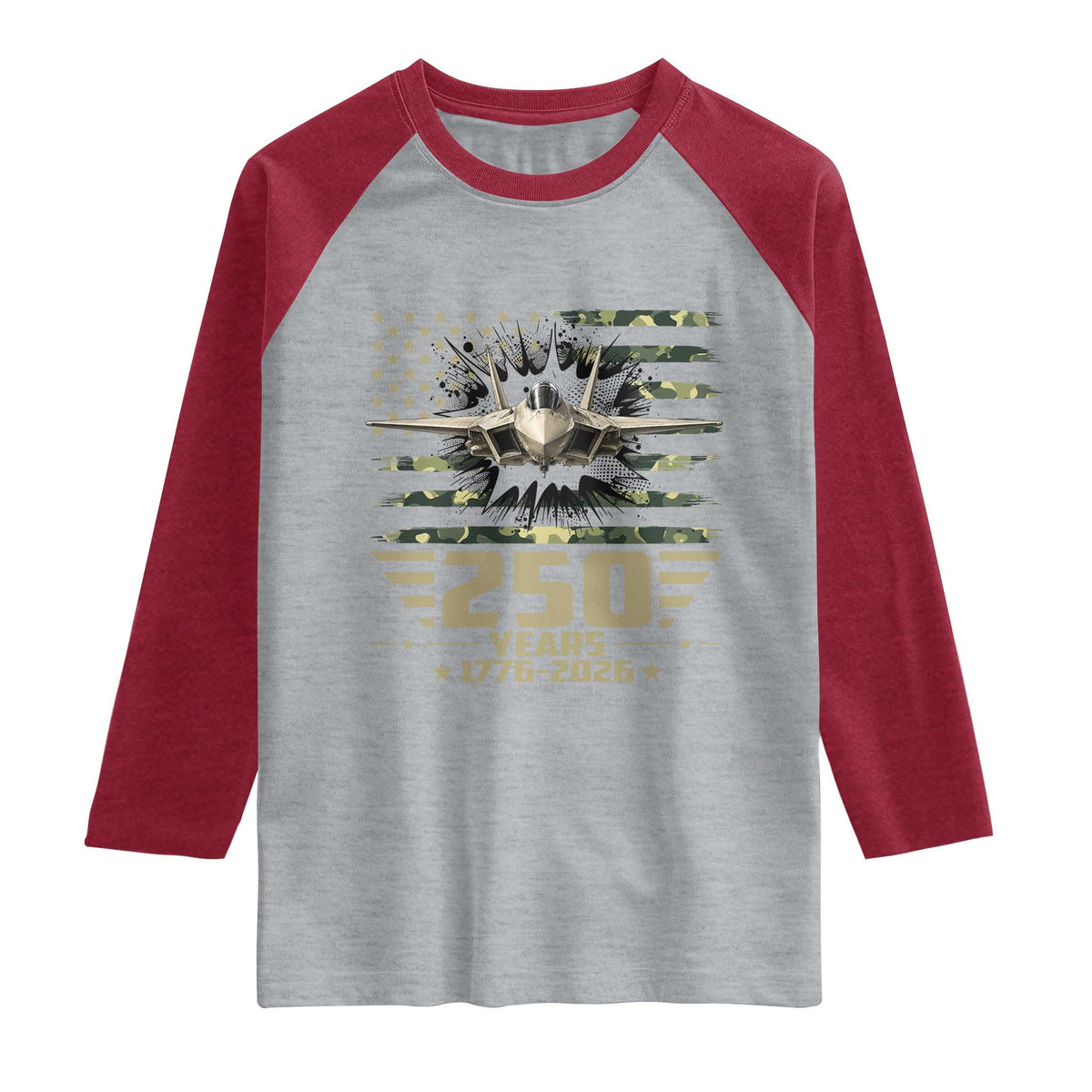 250 Years Anniversary Raglan Shirt Patriotic Jet Fighter US Flag Camo TS14 Heather Gray Heather Red Print Your Wear