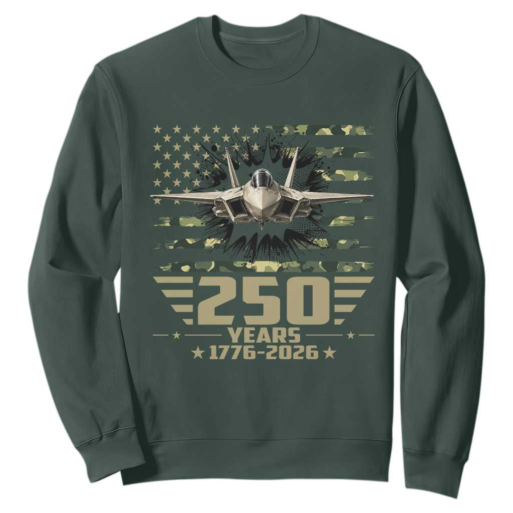 250 Years Anniversary Sweatshirt Patriotic Jet Fighter US Flag Camo TS14 Dark Forest Green Print Your Wear