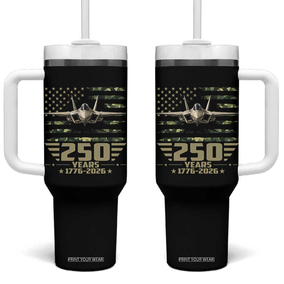250 Years Anniversary Tumbler With Handle Patriotic Jet Fighter US Flag Camo TS14 One Size: 40 oz Black Print Your Wear