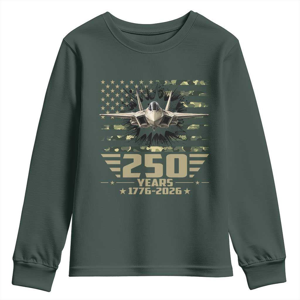 250 Years Anniversary Youth Sweatshirt Patriotic Jet Fighter US Flag Camo TS14 Dark Forest Green Print Your Wear