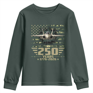 250 Years Anniversary Youth Sweatshirt Patriotic Jet Fighter US Flag Camo TS14 Dark Forest Green Print Your Wear