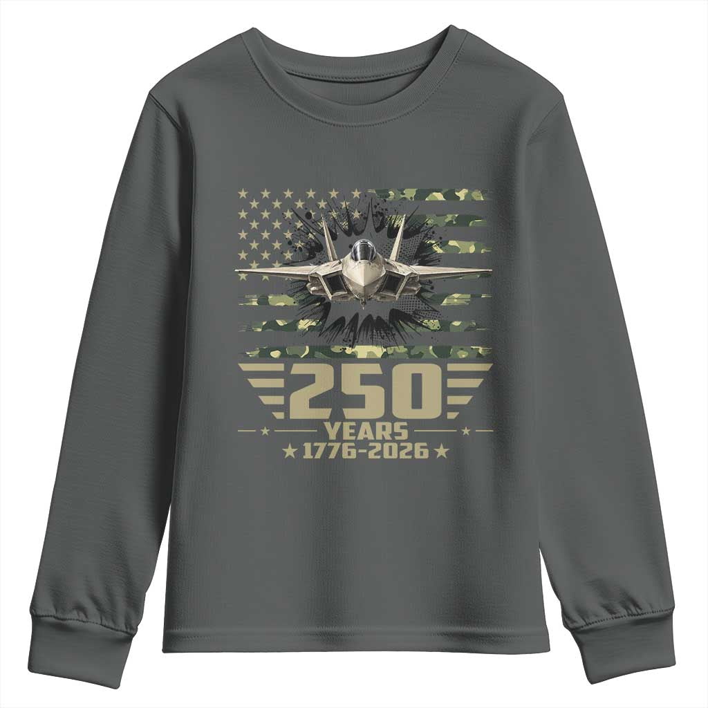 250 Years Anniversary Youth Sweatshirt Patriotic Jet Fighter US Flag Camo TS14 Dark Heather Print Your Wear
