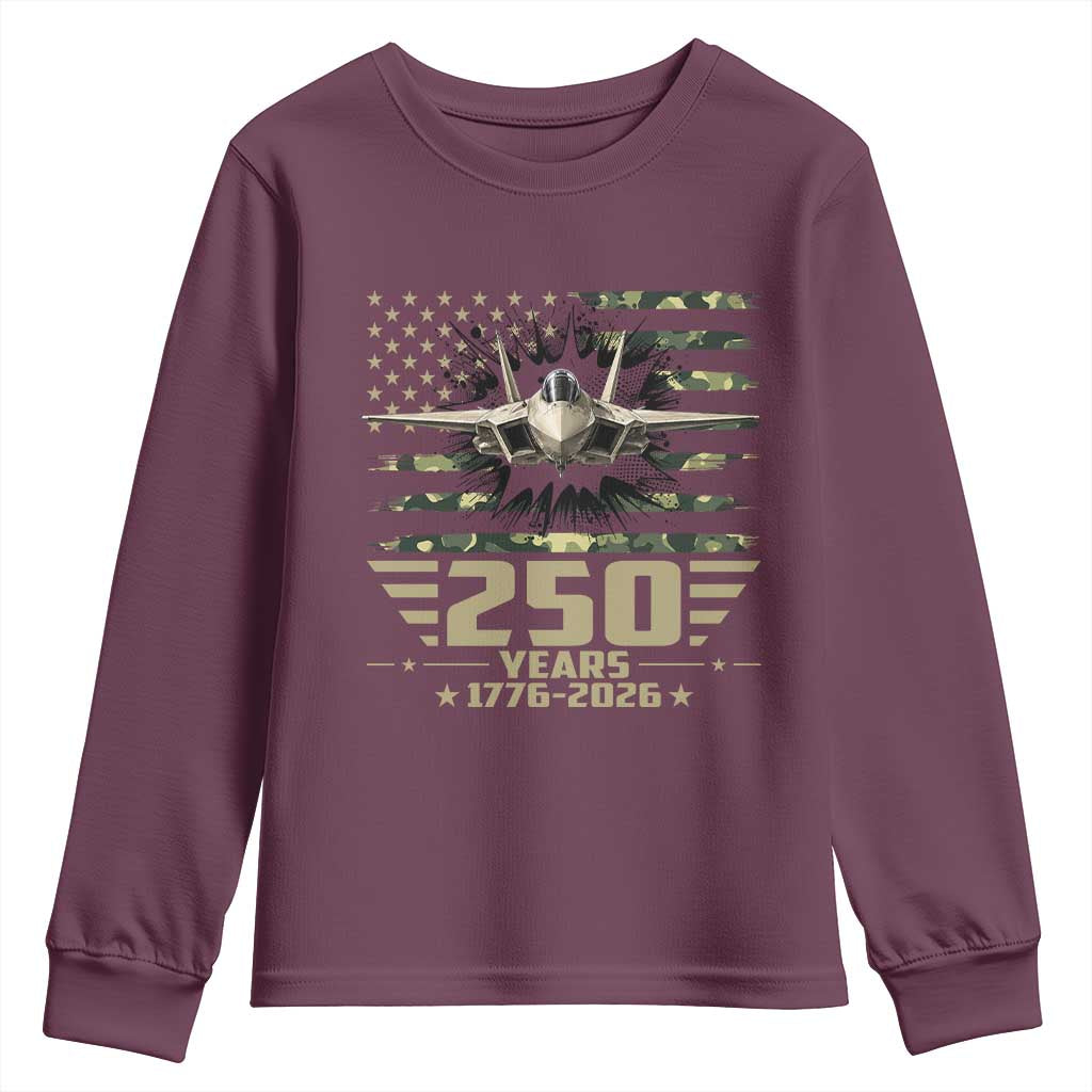 250 Years Anniversary Youth Sweatshirt Patriotic Jet Fighter US Flag Camo TS14 Maroon Print Your Wear