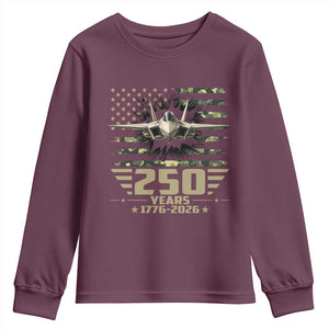 250 Years Anniversary Youth Sweatshirt Patriotic Jet Fighter US Flag Camo TS14 Maroon Print Your Wear