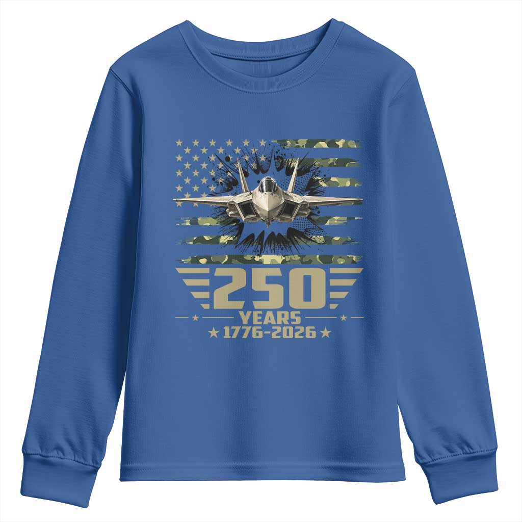 250 Years Anniversary Youth Sweatshirt Patriotic Jet Fighter US Flag Camo TS14 Royal Blue Print Your Wear