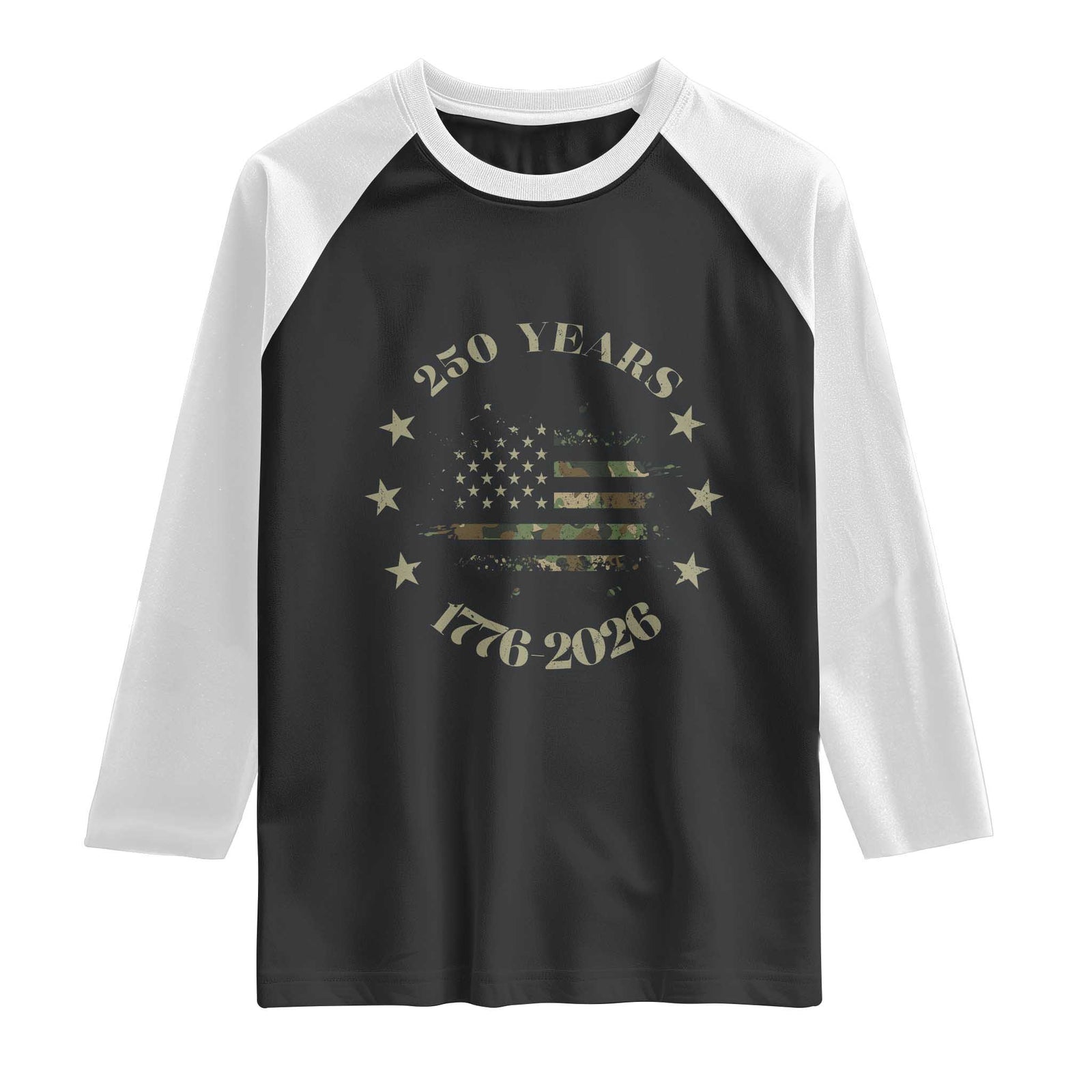 250 Years Anniversary Raglan Shirt Camo American Flag Independence Day TS14 Black White Print Your Wear