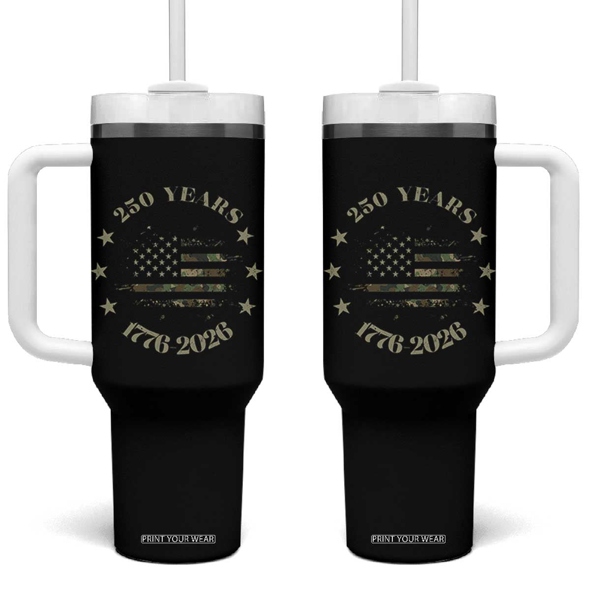 250 Years Anniversary Tumbler With Handle Camo American Flag Independence Day TS14 One Size: 40 oz Black Print Your Wear