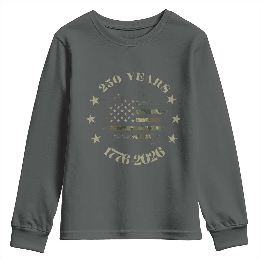 250 Years Anniversary Youth Sweatshirt Camo American Flag Independence Day TS14 Dark Heather Print Your Wear