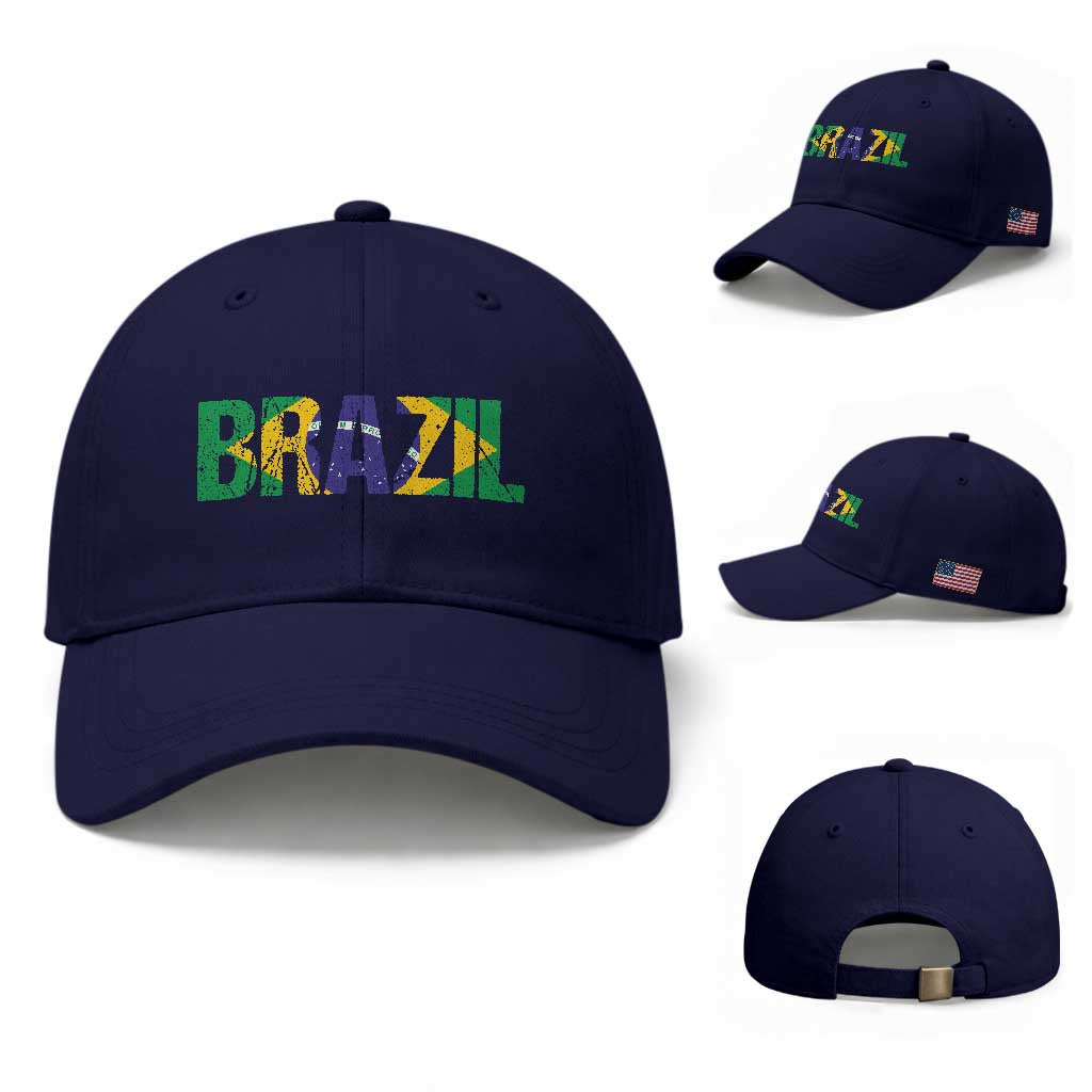 Brazil Brasil Flag Baseball Cap Vintage Distressed Brazil TS14 Baseball Cap Universal Fit Dark Blue Print Your Wear