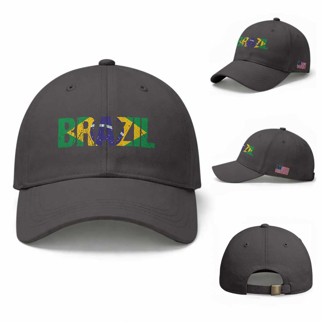 Brazil Brasil Flag Baseball Cap Vintage Distressed Brazil TS14 Baseball Cap Universal Fit Dark Gray Print Your Wear