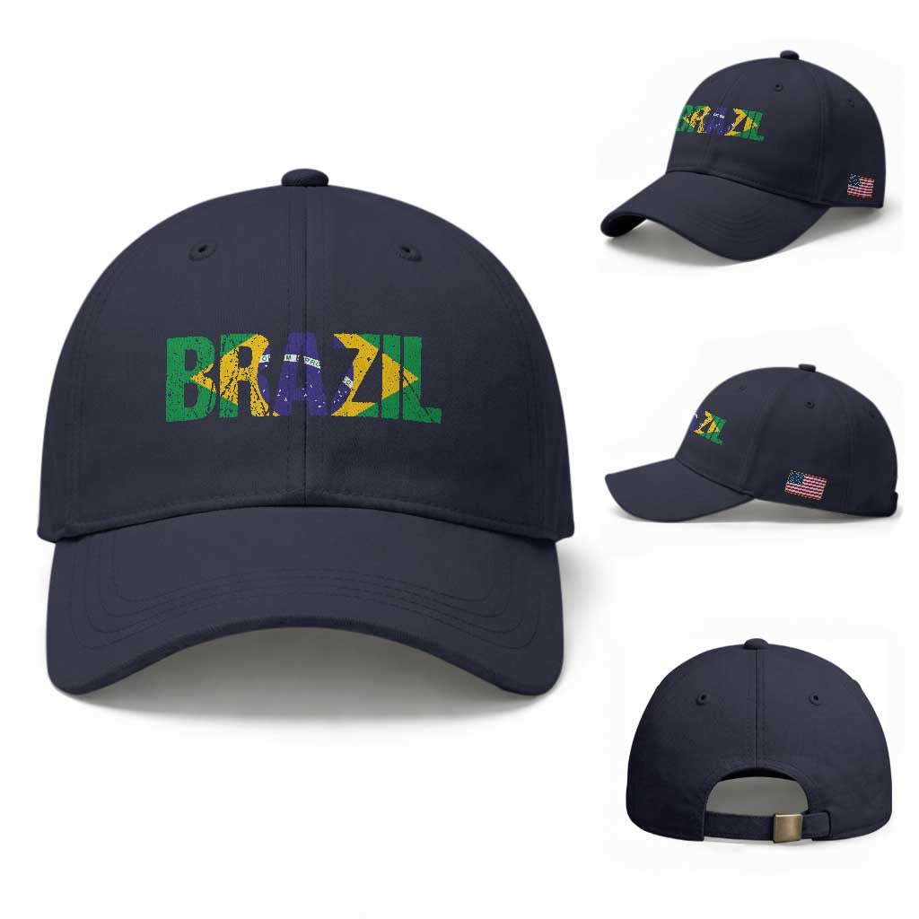 Brazil Brasil Flag Baseball Cap Vintage Distressed Brazil TS14 Baseball Cap Universal Fit Navy Print Your Wear