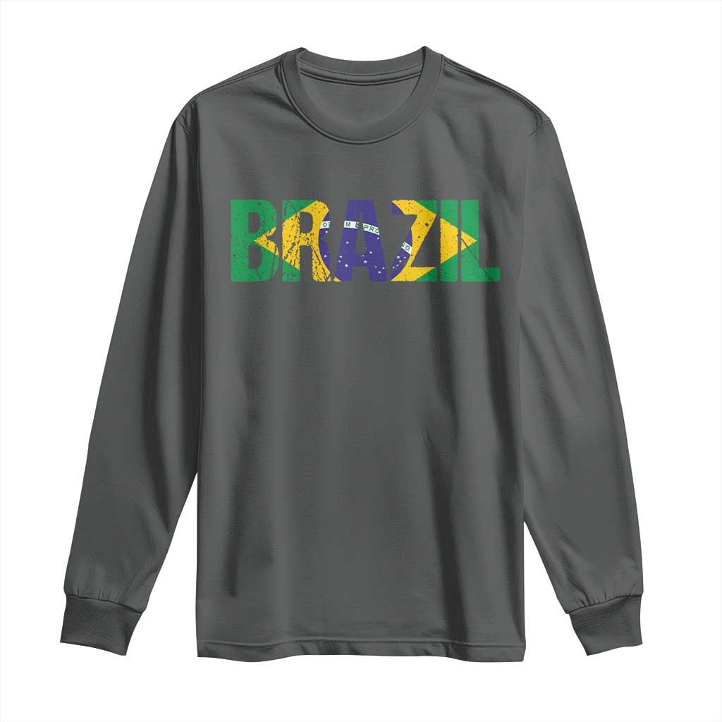Brazil Brasil Flag Long Sleeve Shirt Vintage Distressed Brazil TS14 Dark Heather Print Your Wear
