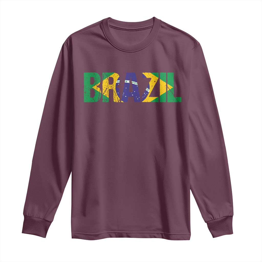 Brazil Brasil Flag Long Sleeve Shirt Vintage Distressed Brazil TS14 Maroon Print Your Wear