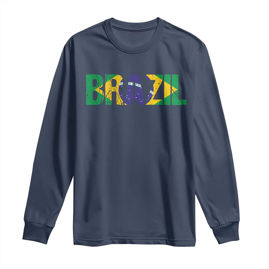Brazil Brasil Flag Long Sleeve Shirt Vintage Distressed Brazil TS14 Navy Print Your Wear