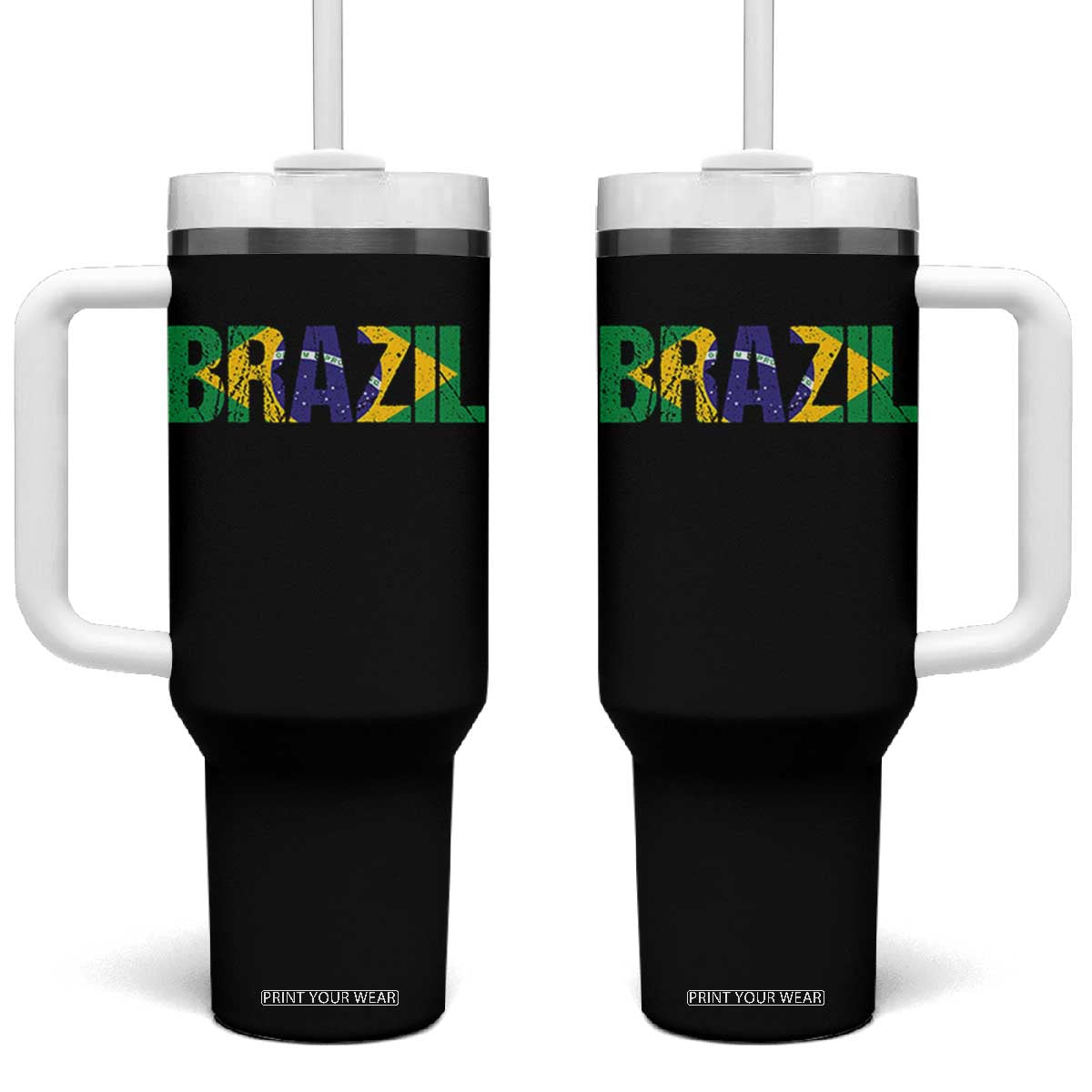Brazil Brasil Flag Tumbler With Handle Vintage Distressed Brazil TS14 One Size: 40 oz Black Print Your Wear