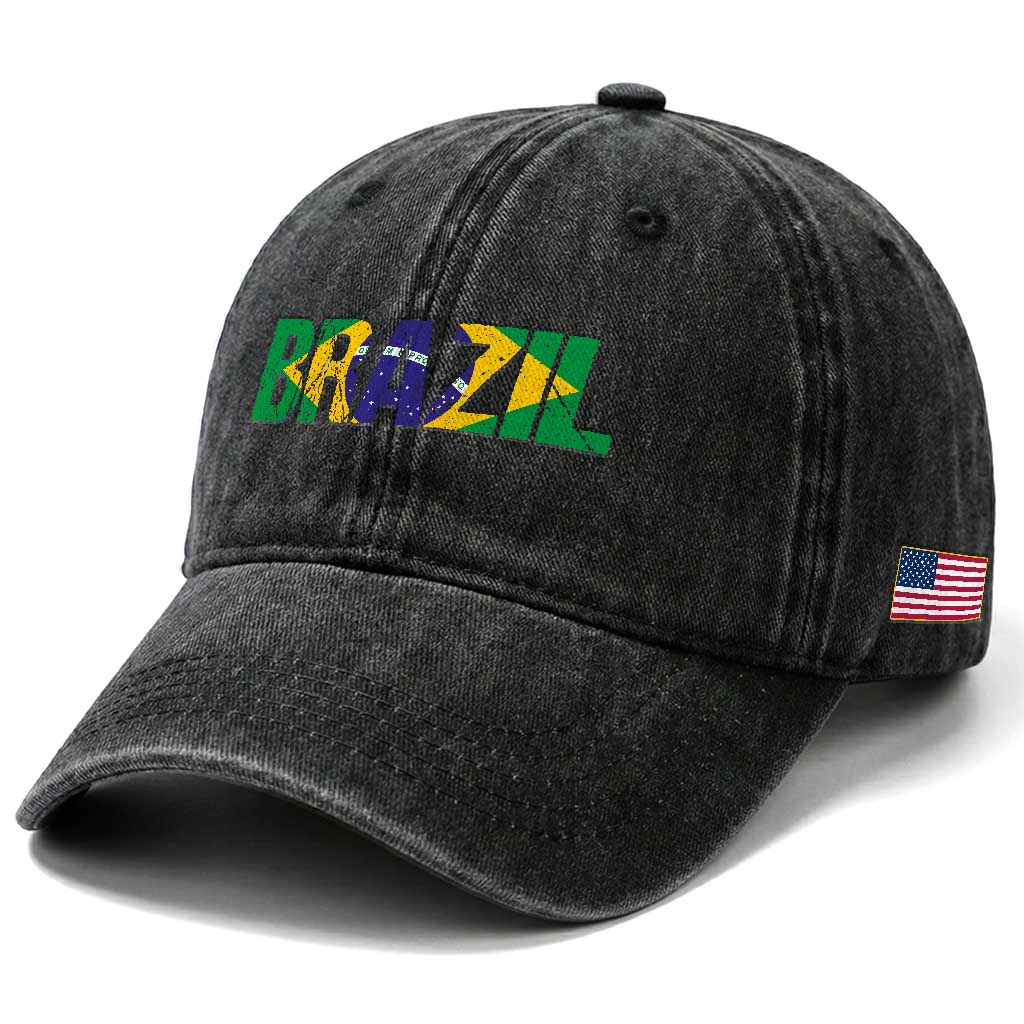 Brazil Brasil Flag Washed Cotton Baseball Cap Vintage Distressed Brazil TS14 Print Your Wear