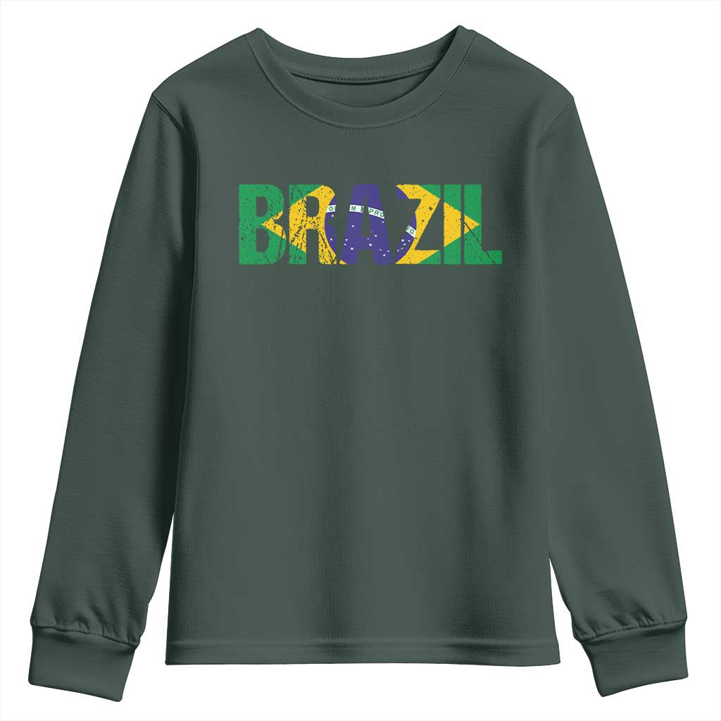 Brazil Brasil Flag Youth Sweatshirt Vintage Distressed Brazil TS14 Dark Forest Green Print Your Wear