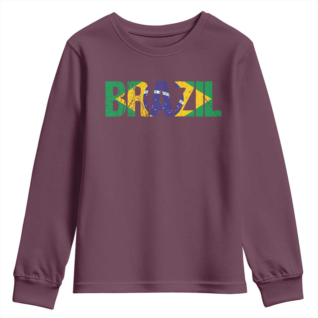 Brazil Brasil Flag Youth Sweatshirt Vintage Distressed Brazil TS14 Maroon Print Your Wear