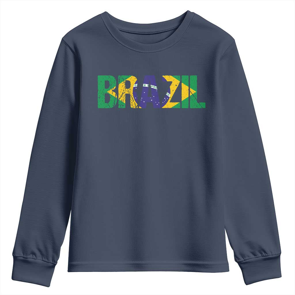 Brazil Brasil Flag Youth Sweatshirt Vintage Distressed Brazil TS14 Navy Print Your Wear